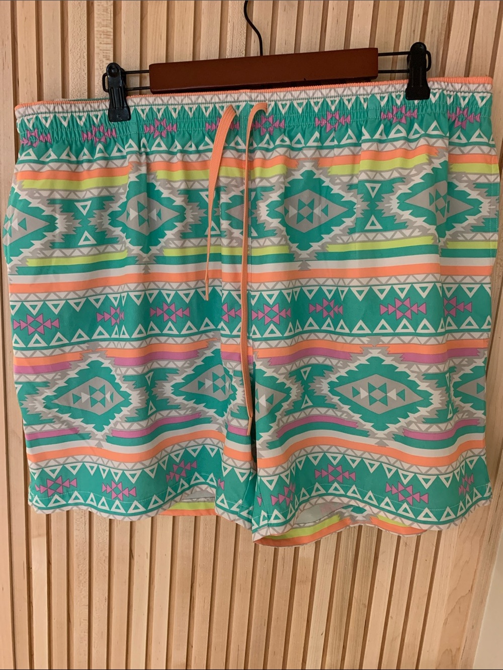 chubbies Turquoise Aztec Print Drawstring Shorts with Peach Accents